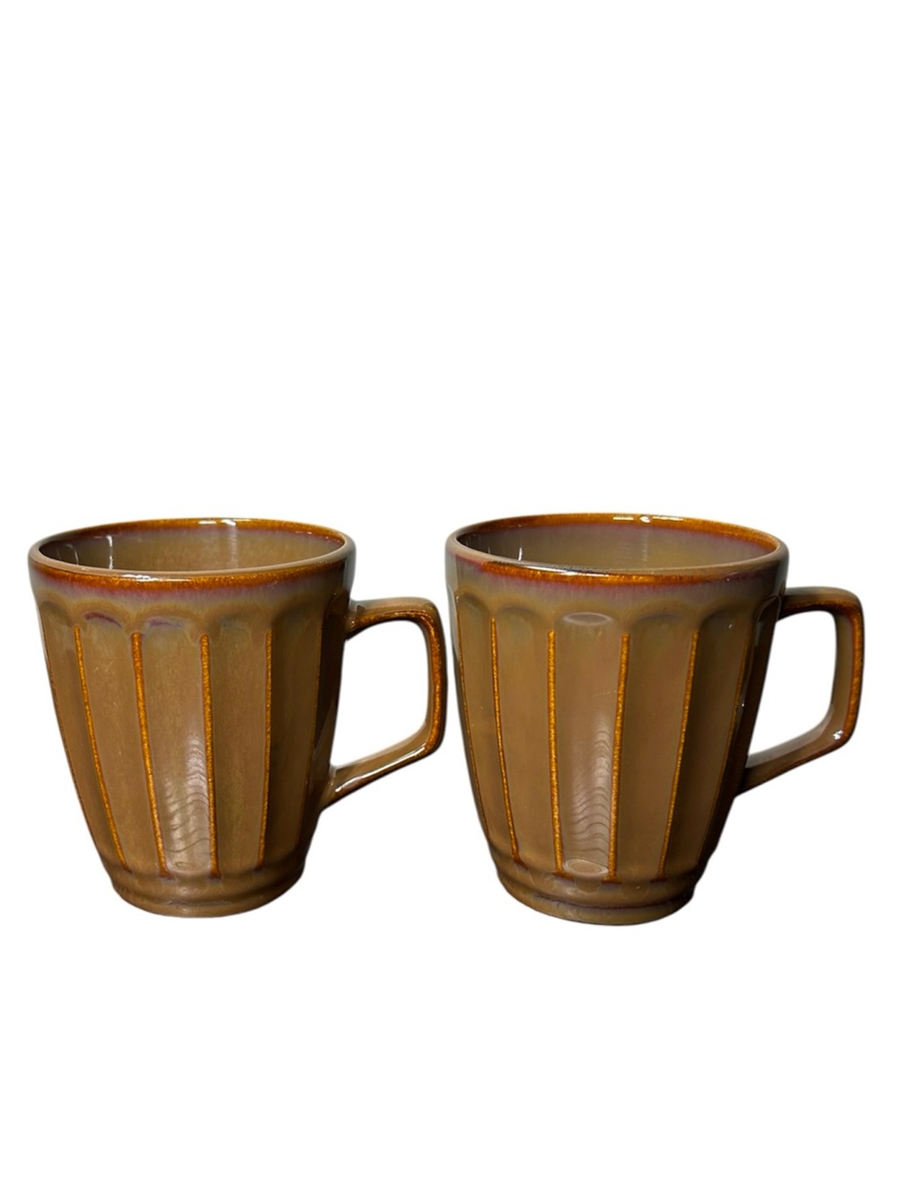 Sango Society Stoneware Brown Glazed Gold Ribbed Coffee Mugs Set of 2